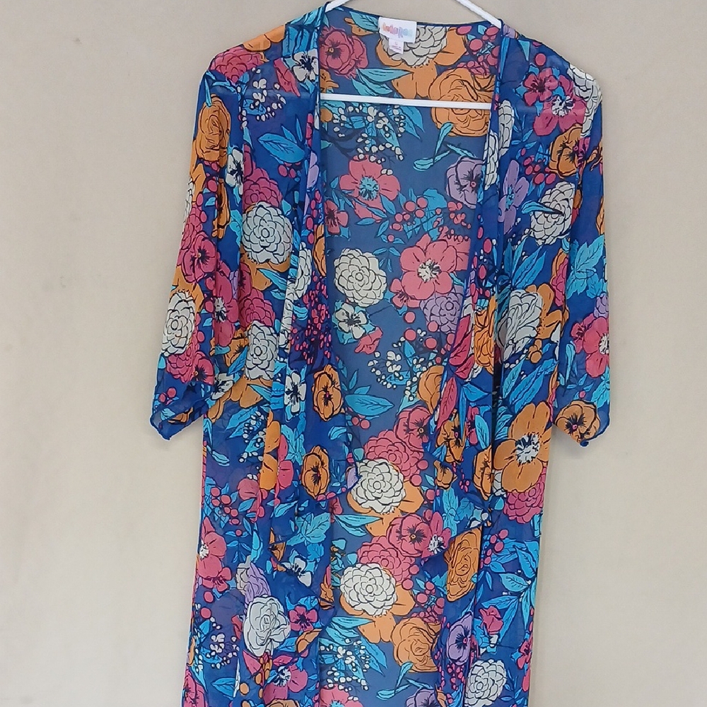 Lula Roe Sheer Floral Cover Up Kimono Wrap Waterfall Front Size Small EC